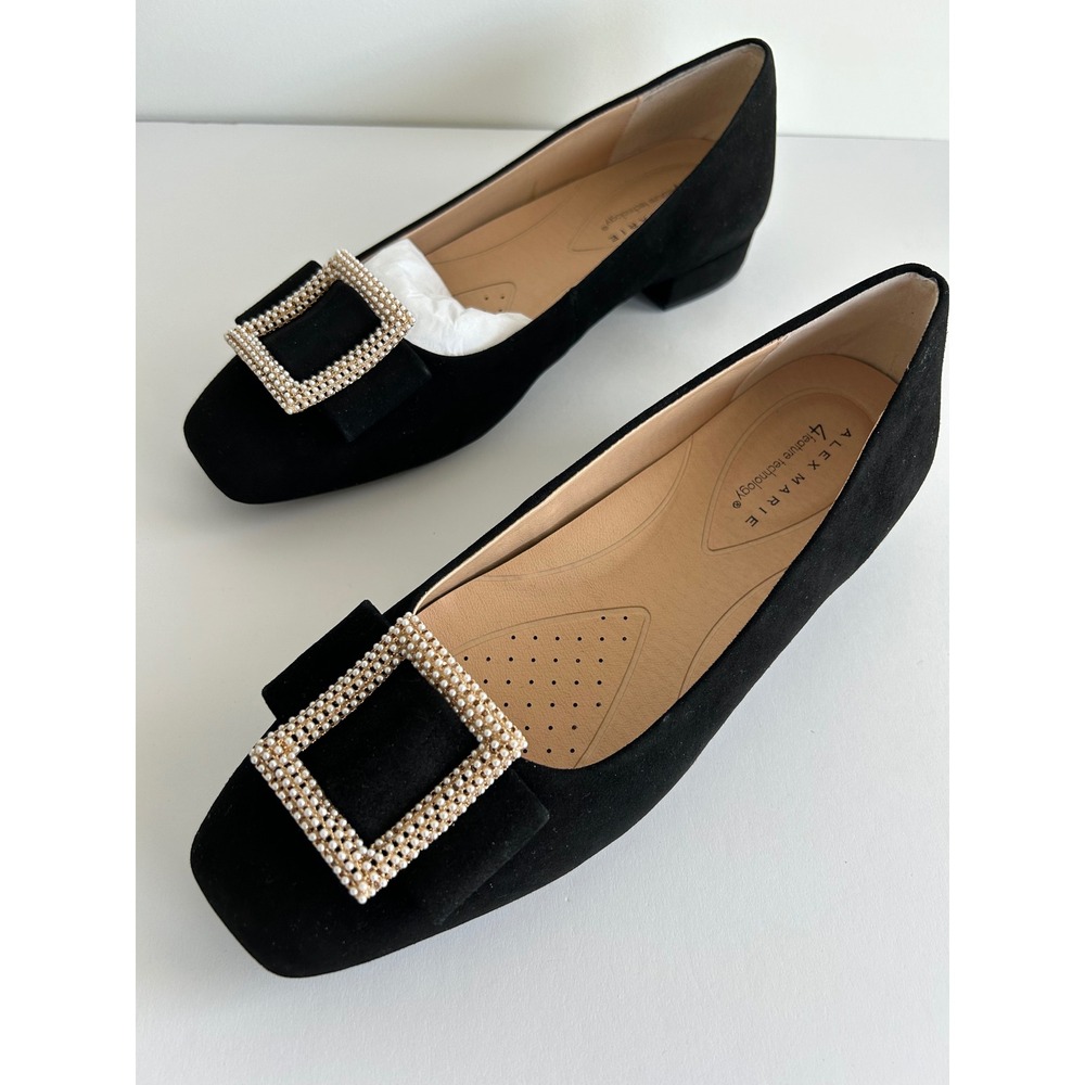 Alex Marie Margotwo Black Pearl Buckle Square Toe Flats Shoes Womens 9M New